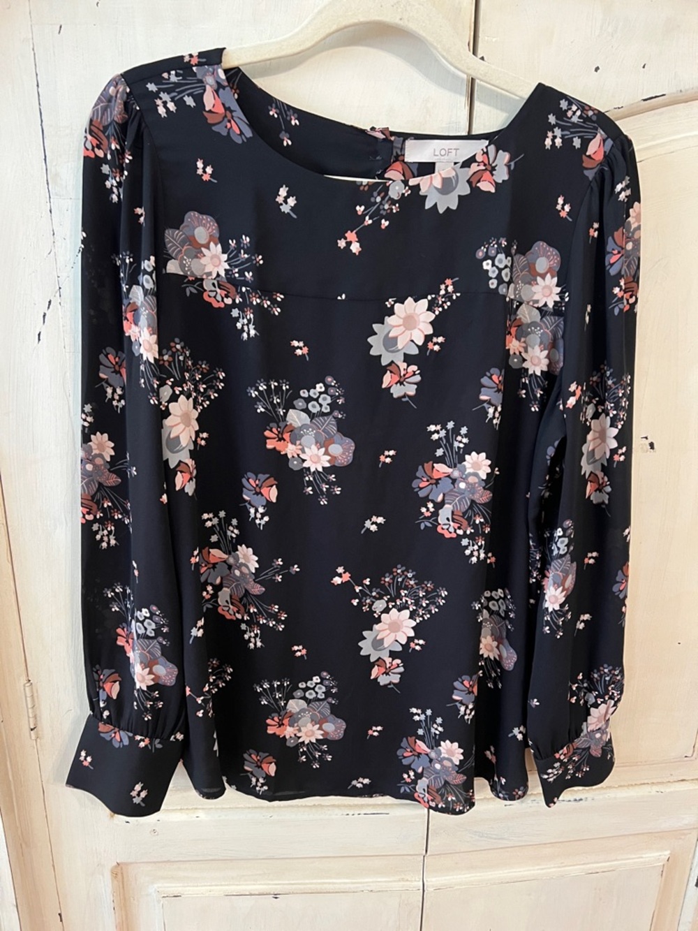 LOFT Black Floral Long-Sleeve Blouse